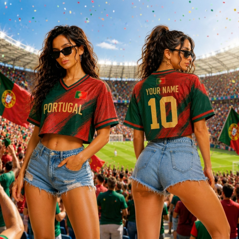 Portugal Soccer Crop Top Jersey – Personalized Name Number, Women Mesh Football Shirt, Fan Apparel