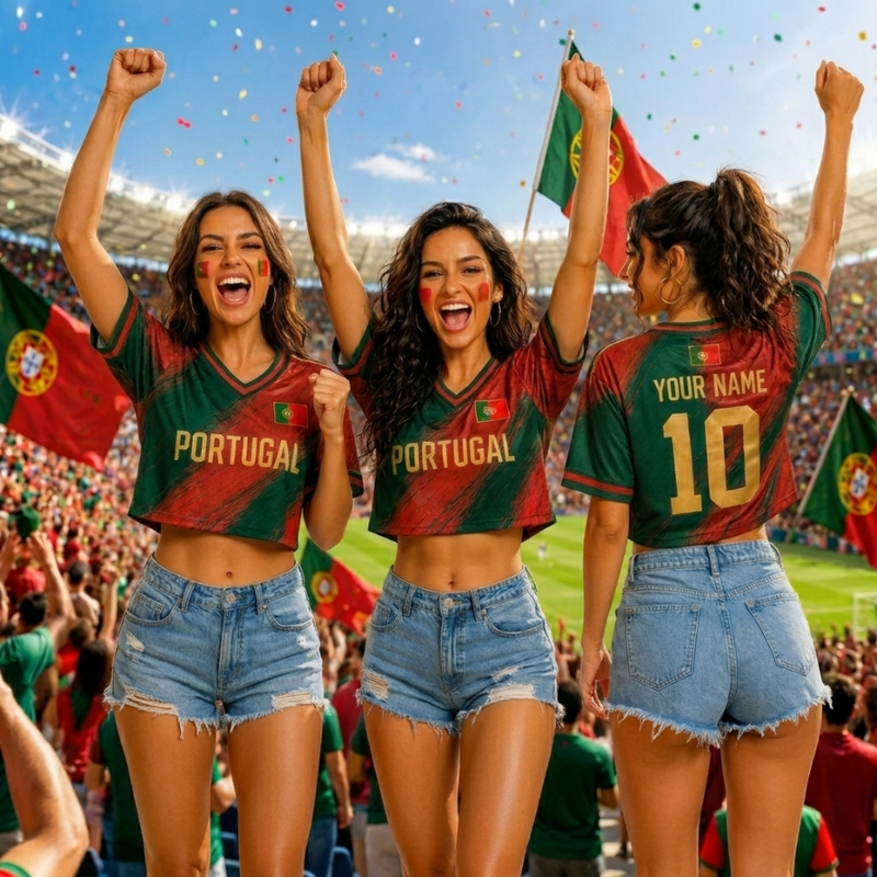 Portugal Soccer Crop Top Jersey – Personalized Name Number, Women Mesh Football Shirt, Fan Apparel