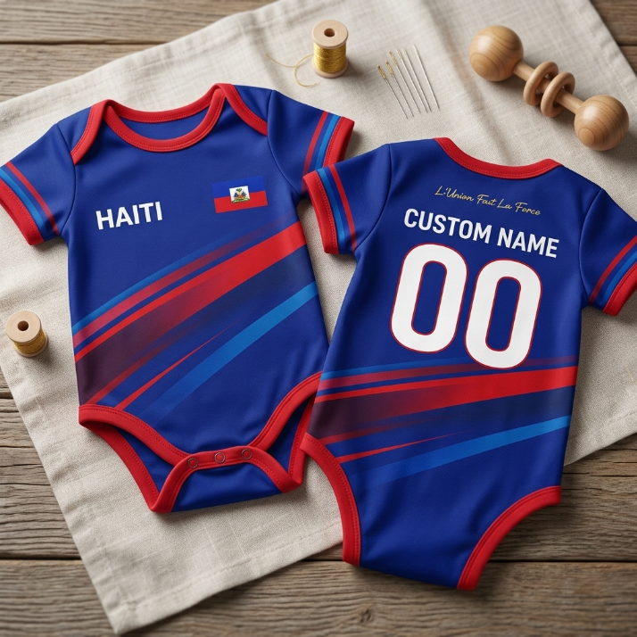 Personalized Haiti Baby Soccer Bodysuit, Custom Name Number Infant Football Onesie, Haiti Fan Baby Outfit, Haiti Jersey Romper Gift